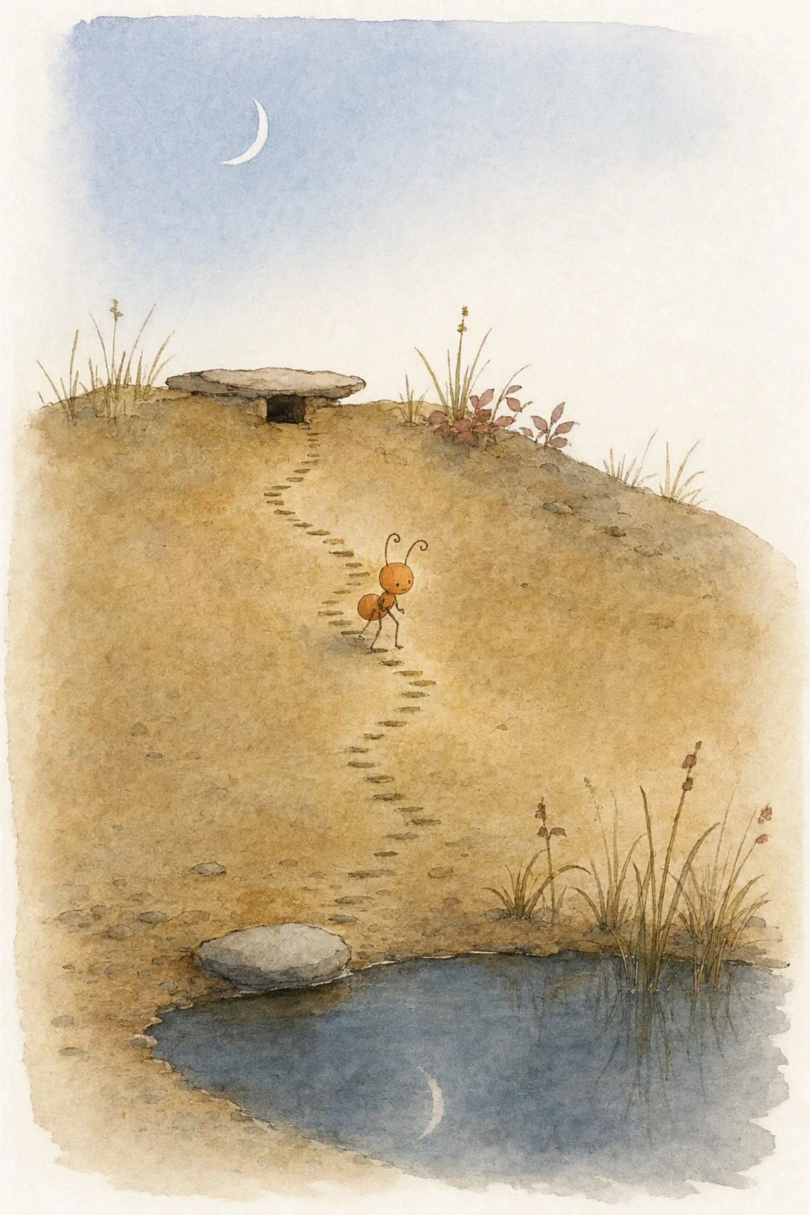 Pip comes down the worn steps in the sand under a thin crescent moon, the still pool at the foot of the shore below him, calm and methodical.