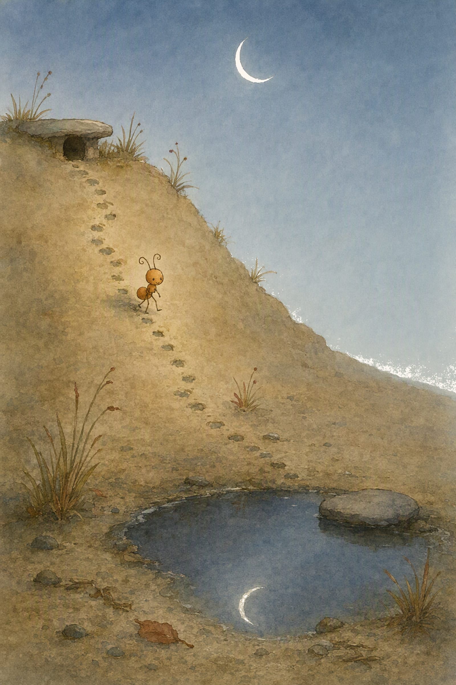 Pip comes down the worn steps in the sand under a thin crescent moon, the still pool at the foot of the shore holding the moon's reflection.