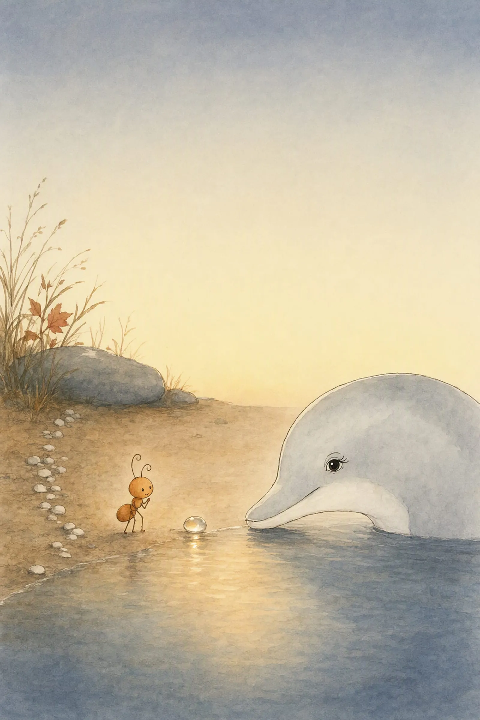 Dawn rises close to the dusk waterline where Pip stands, a small clear stone on the sand between them holding the last light.