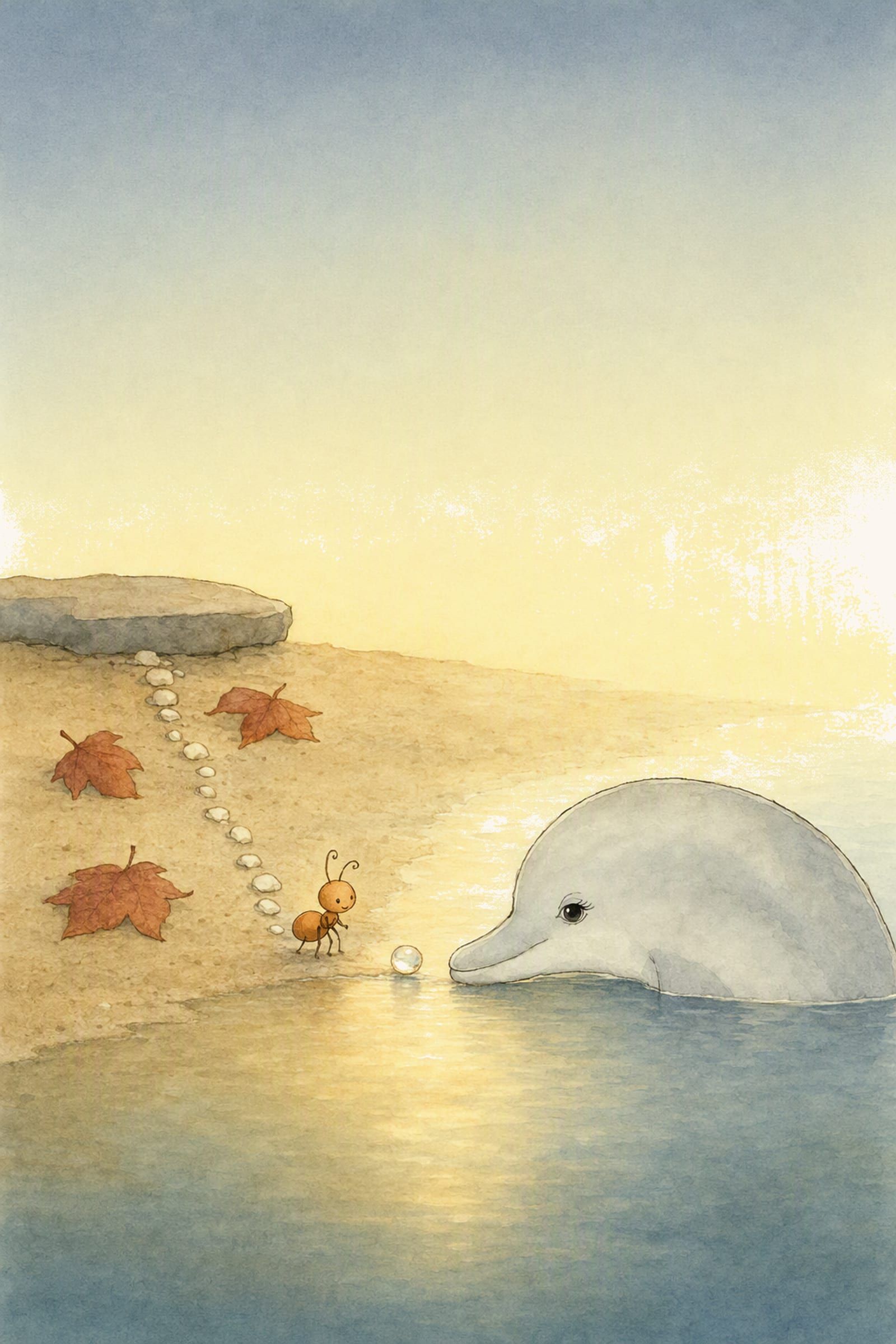 Dawn rises whole in the dusk water at the right while Pip stands at the waterline with a small clear stone between them, fallen russet leaves and the white pebble line on the sand behind him.