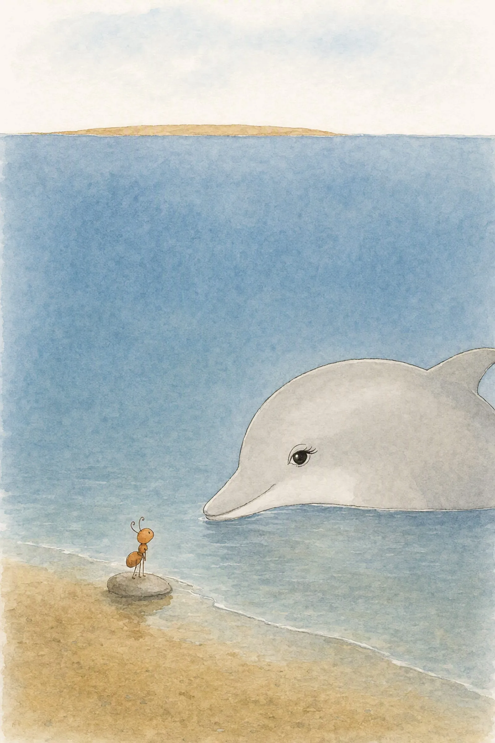The sea stands high and still above the shore, Dawn waiting at its foot while Pip looks up at her from the grey stone, both steady.