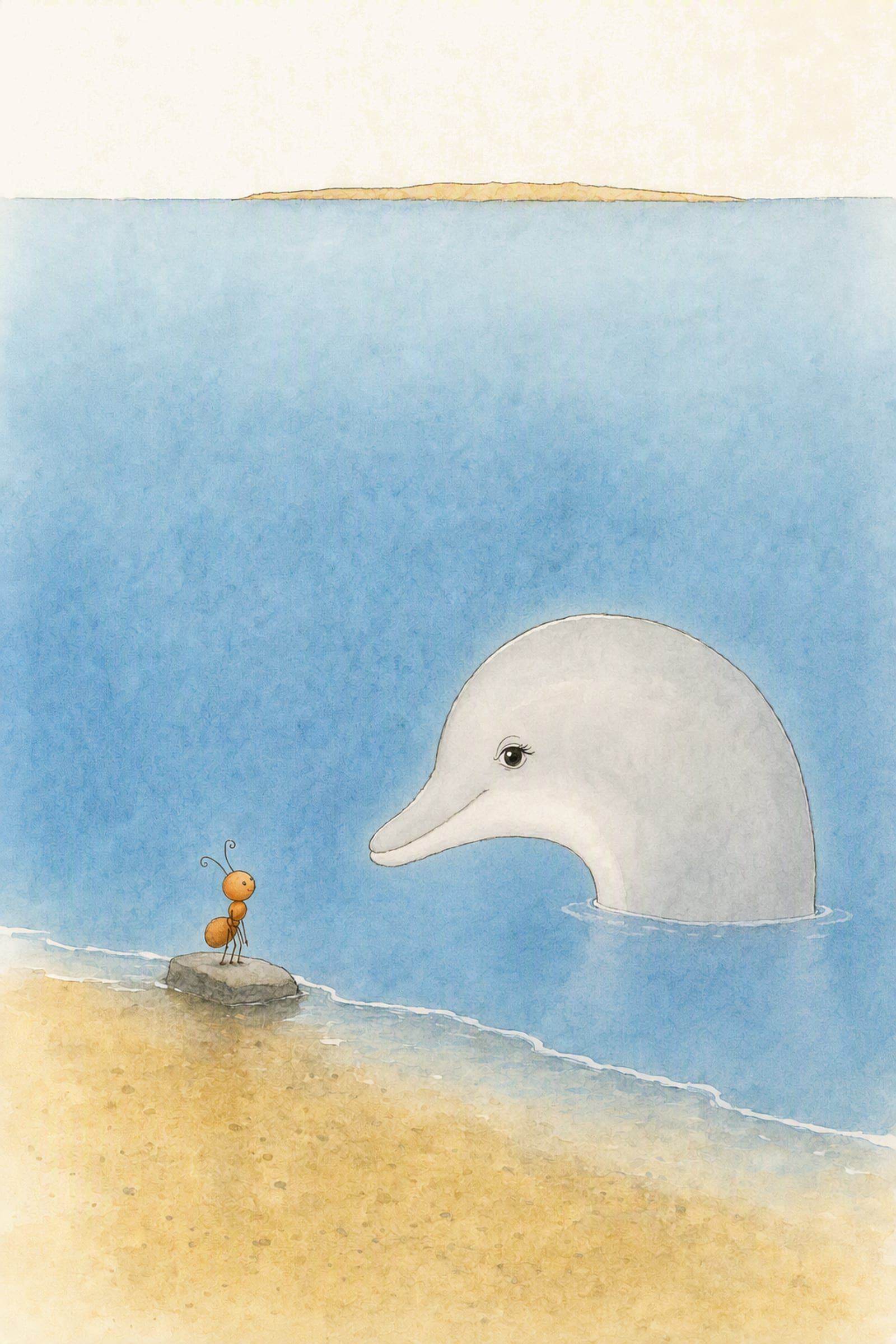 The sea stands high and still above the shore, Dawn waiting at its foot while Pip looks up at her from the grey stone, both steady.