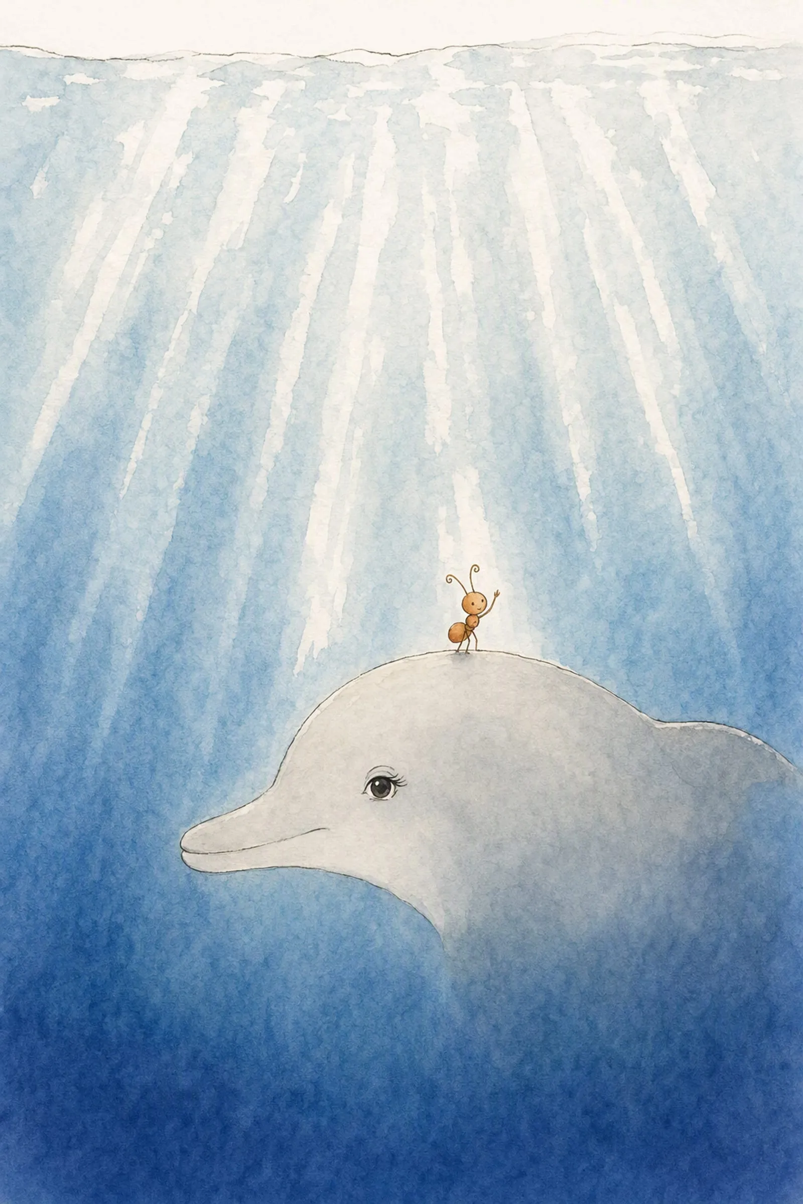 Under the surface Pip rides on Dawn's back with one arm lifted towards the broken pieces of light coming down, his antennae up in wonder.