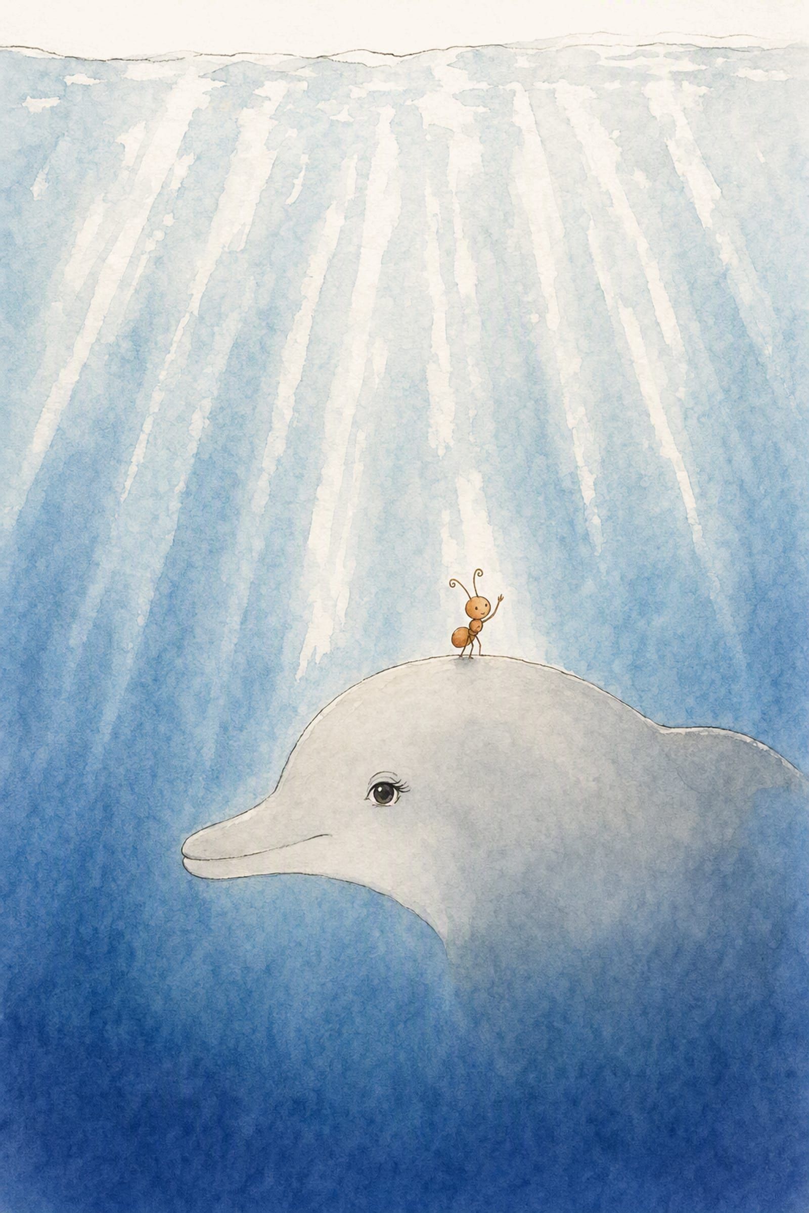 Under the surface Pip stands on the top of Dawn's head with one arm lifted towards the broken pieces of light coming down, his antennae up in wonder.