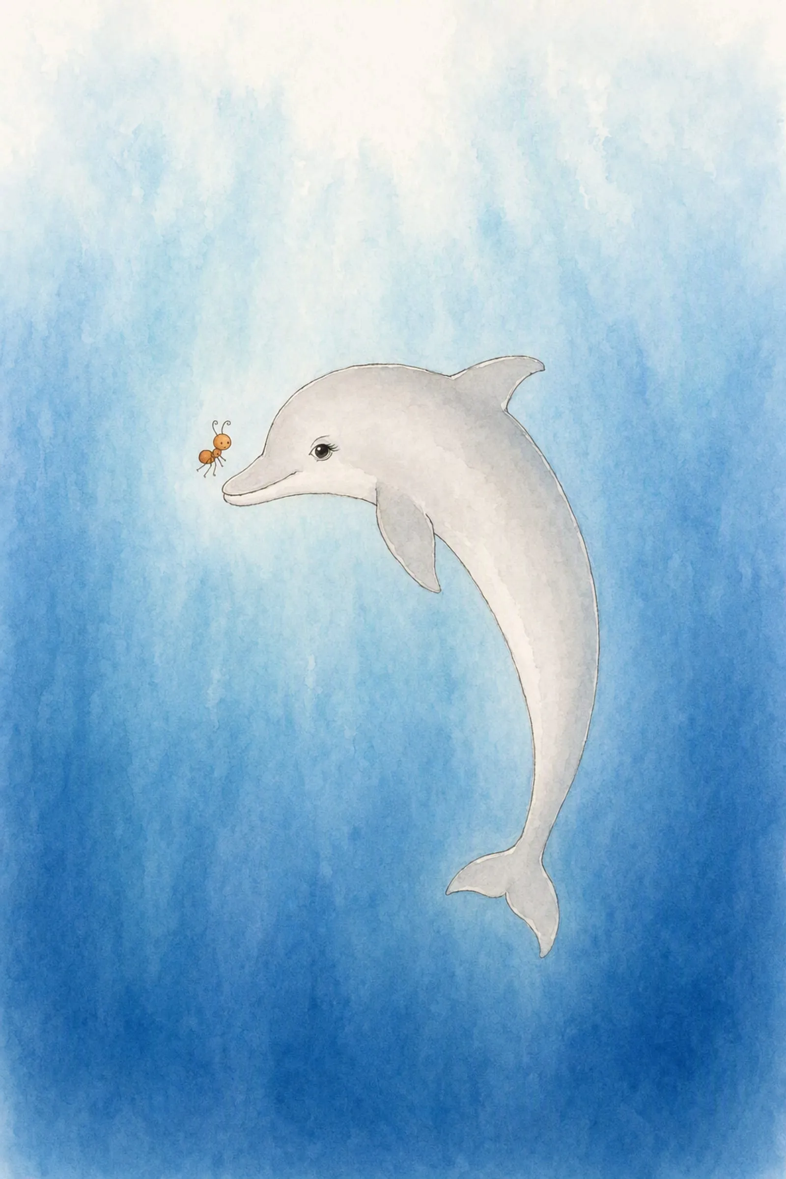 Dawn moves through deep open water with the whole length of her seen at last, Pip floating tiny beside her eye, both of them unhurried.