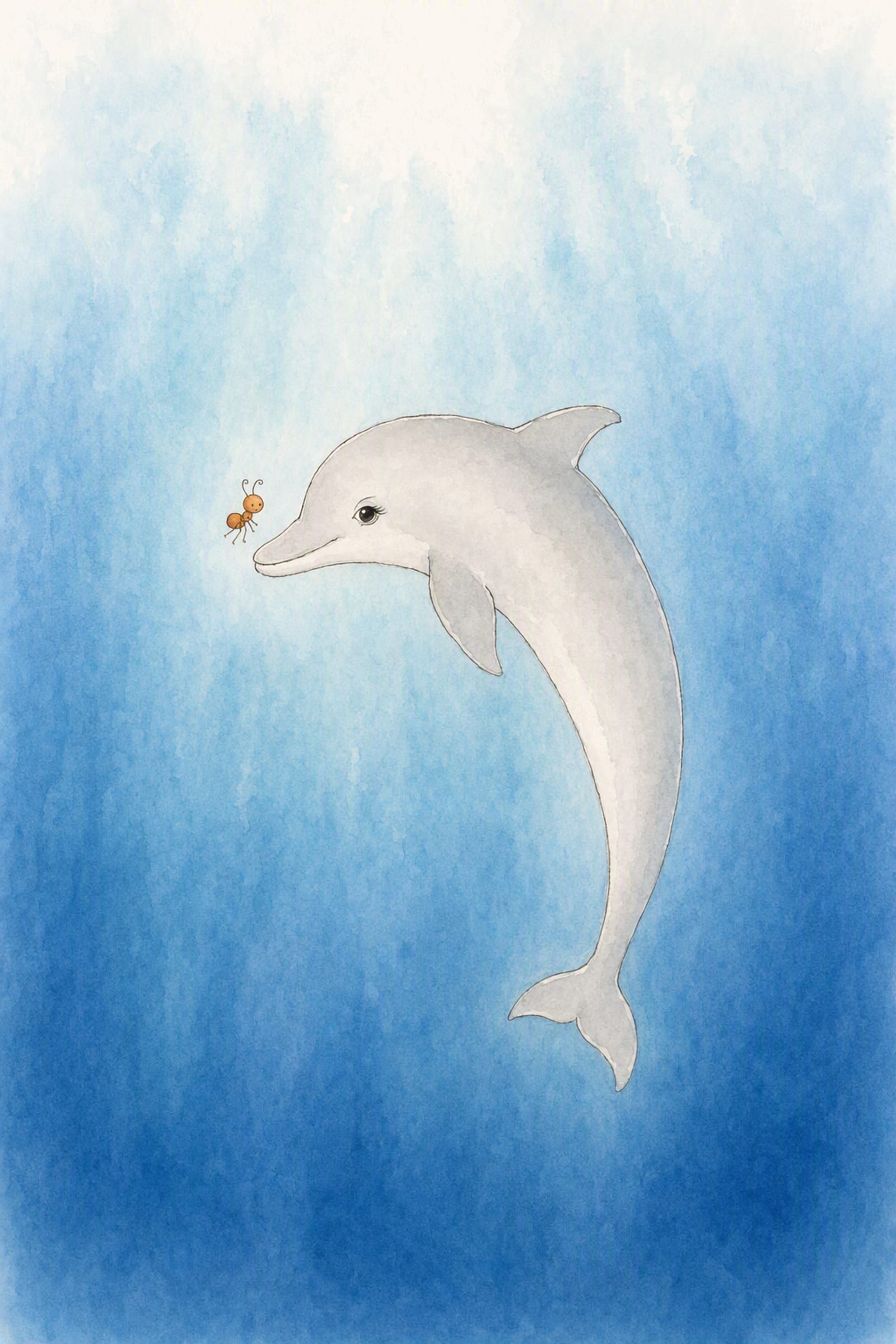 Dawn moves through deep open water with the whole length of her seen at last, Pip floating tiny at the tip of her snout, both of them unhurried.