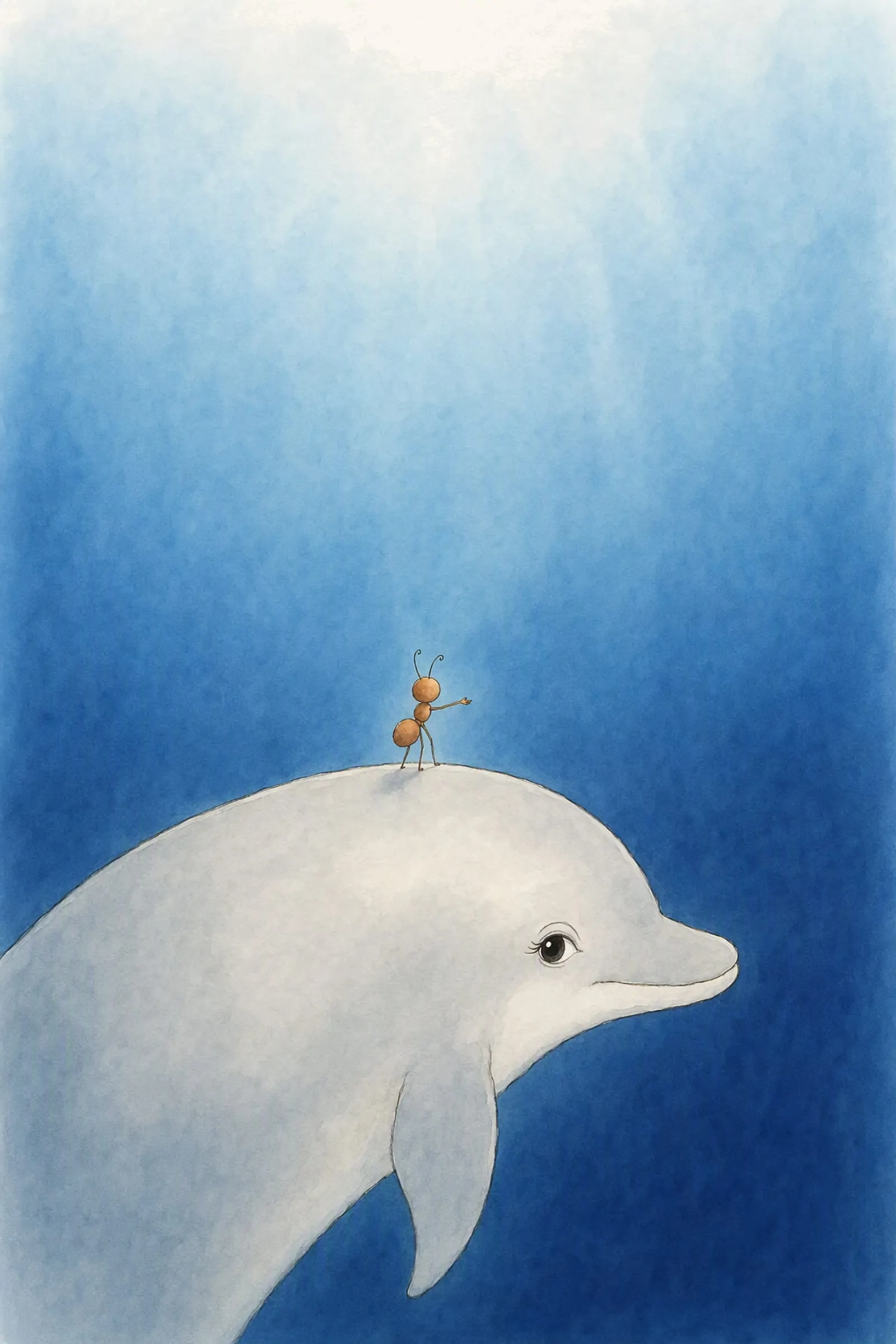 Pip stands on the rise of Dawn's back far under the water with one arm put out into it, her calm eye turned back to him, both at ease.