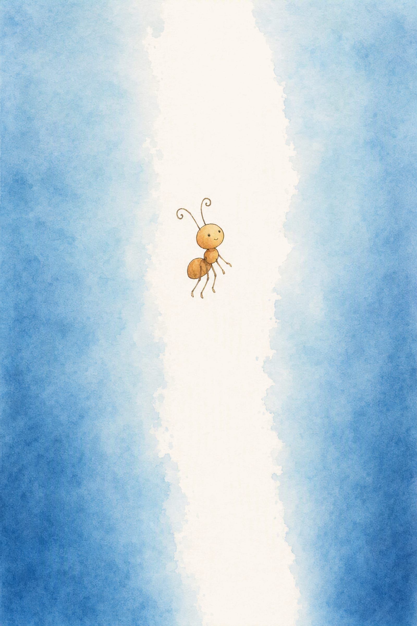 Pip floats alone in cold blue water inside a tall open column of pale light that comes down past him, small, loose-limbed and entirely at rest, his head tipped up into it.