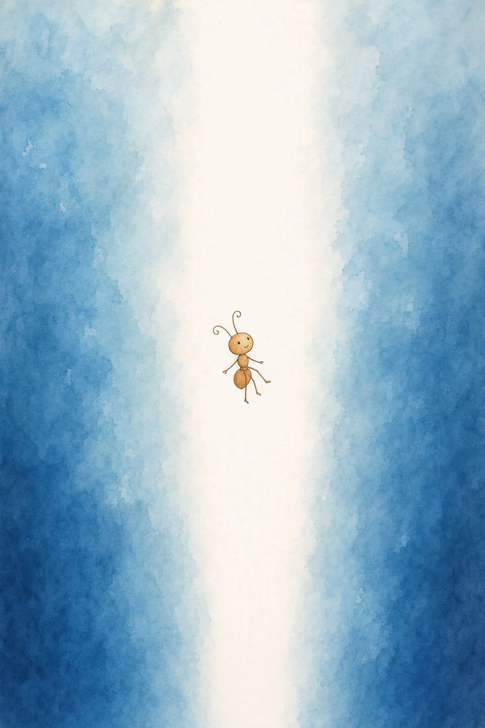 Pip floats alone in deep blue water inside a tall open column of pale light coming down from above, small, loose-limbed and entirely at rest.