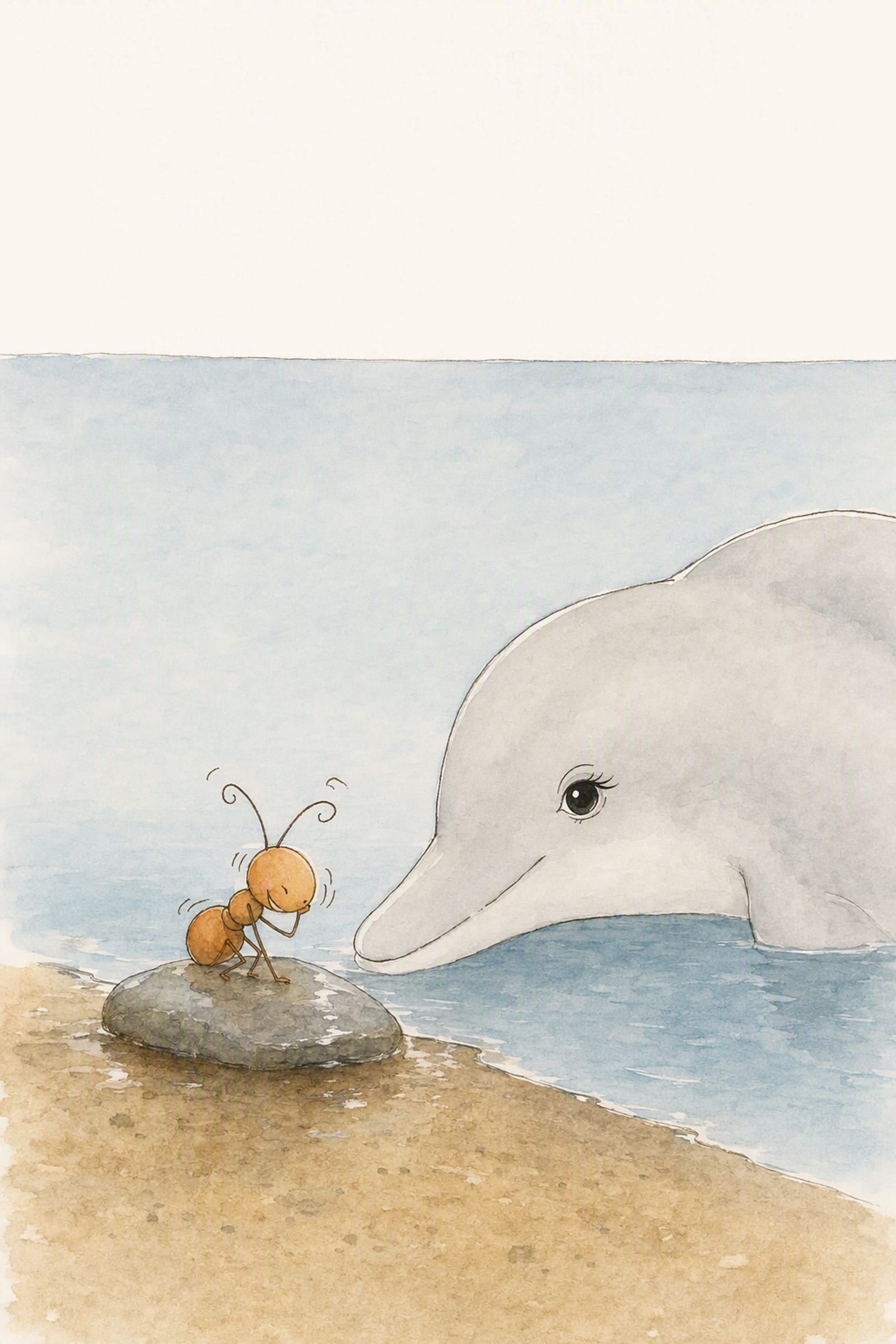 Pip is folded over himself laughing on the flat grey stone while Dawn lies low in the water beside him, not moving at all.