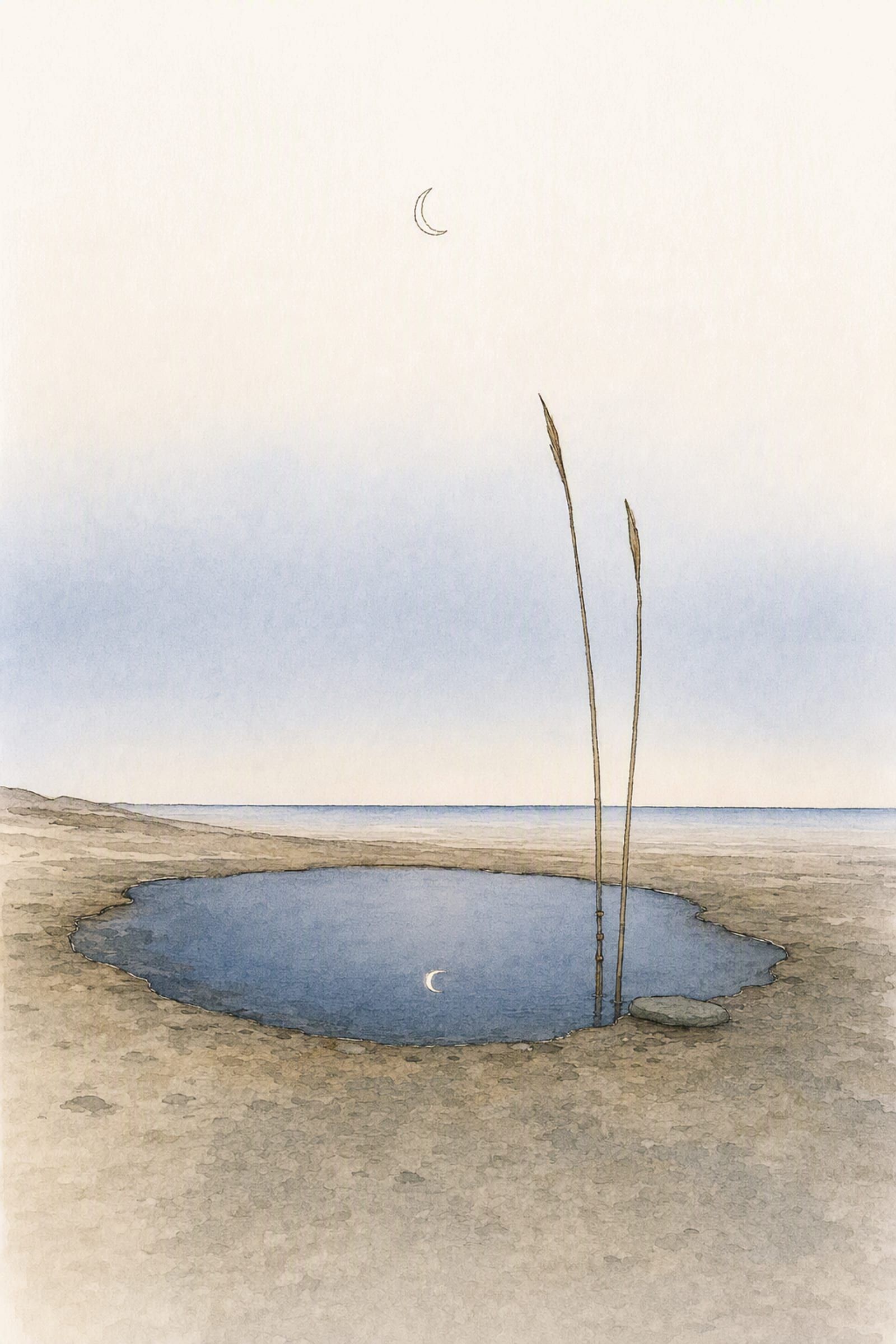 The sea has gone far out past two reeds that carry its last marks low on one stem, and the pool lies open under a thin crescent moon.