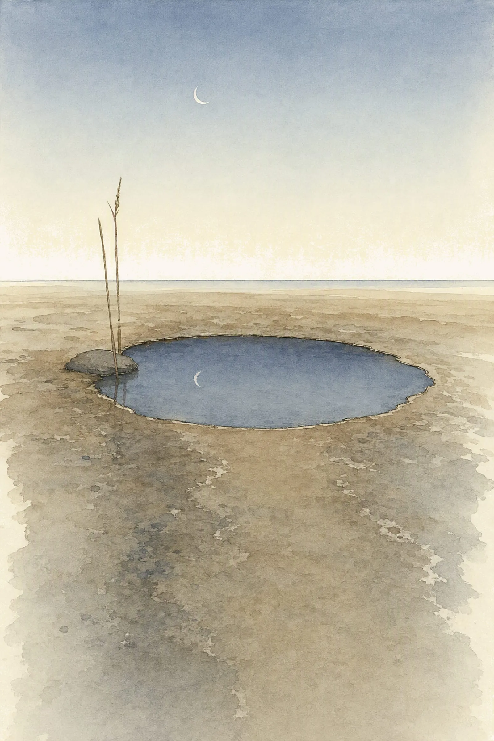 The sea has gone far out past two grey reeds and the pool lies still and open under a thin crescent moon, quiet and matter of fact.