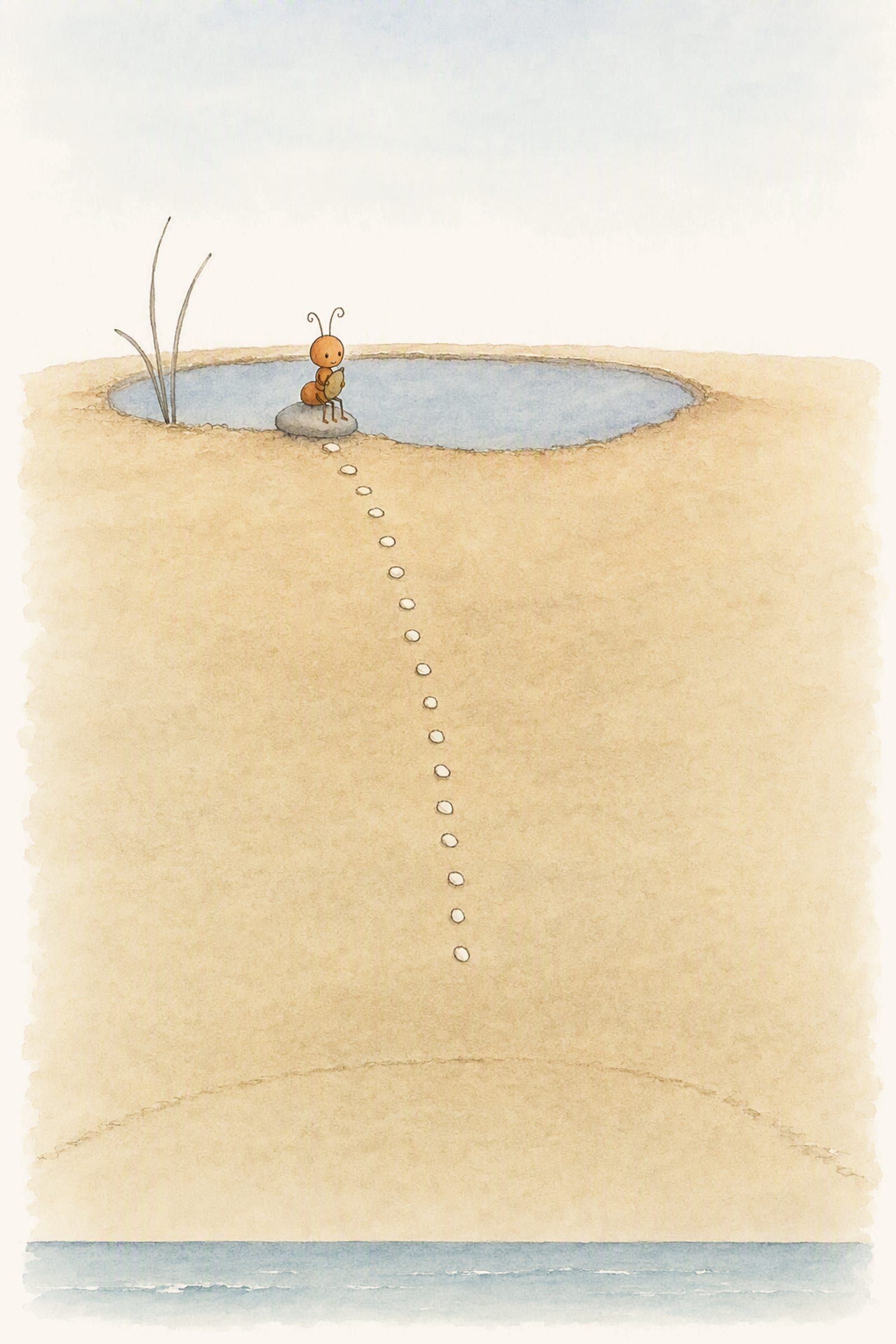 Sand stands where the sea stood, and Pip waits on the flat grey stone with a folded leaf held in both arms, patient in a high ordinary light.
