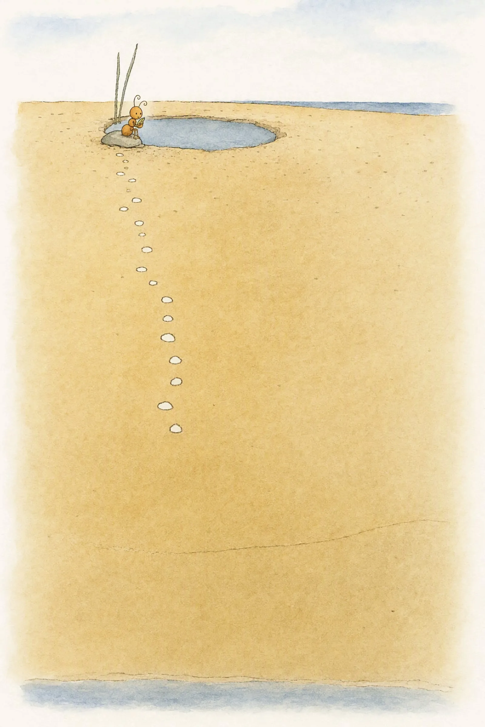 Sand stands where the sea stood, and Pip waits on the flat grey stone with a folded leaf held in both arms, patient in a high ordinary light.