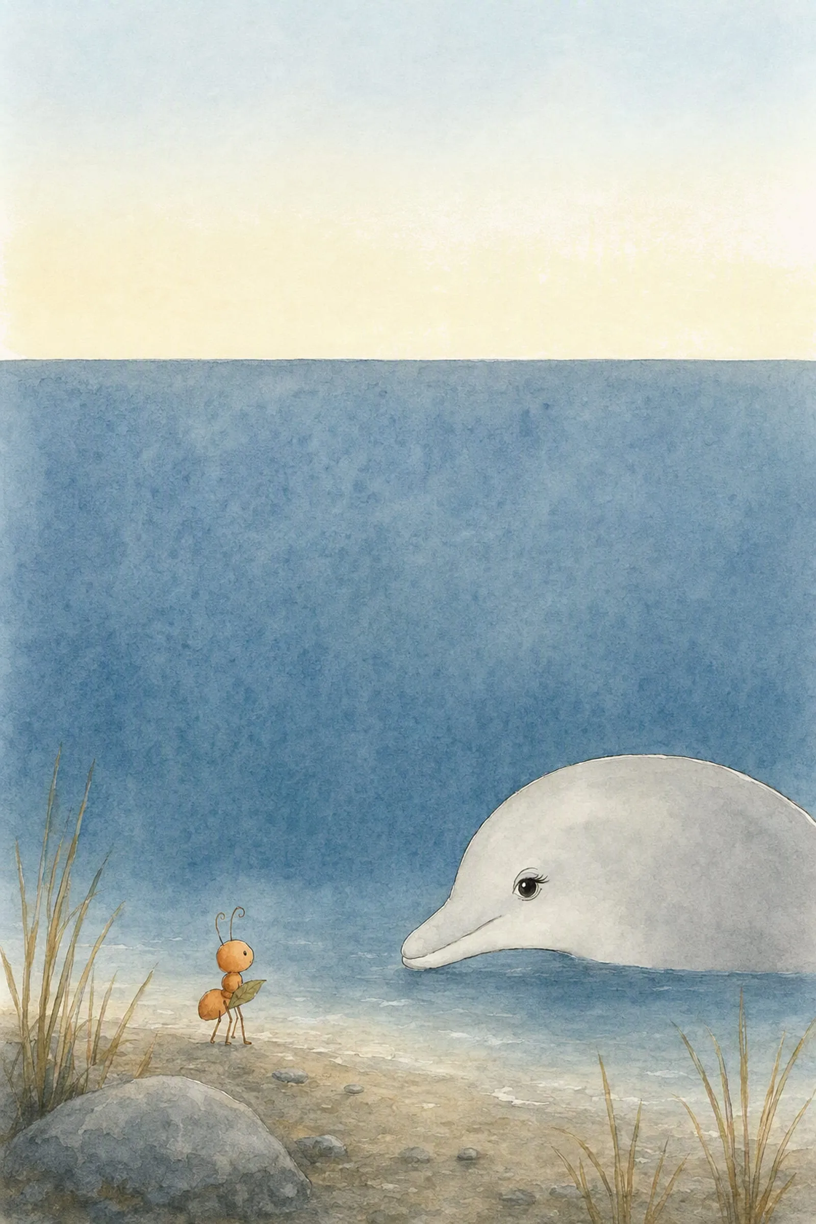 The winter sea stands tall and still while Dawn waits at its foot and Pip faces her from the wet sand, a folded leaf under his arm.