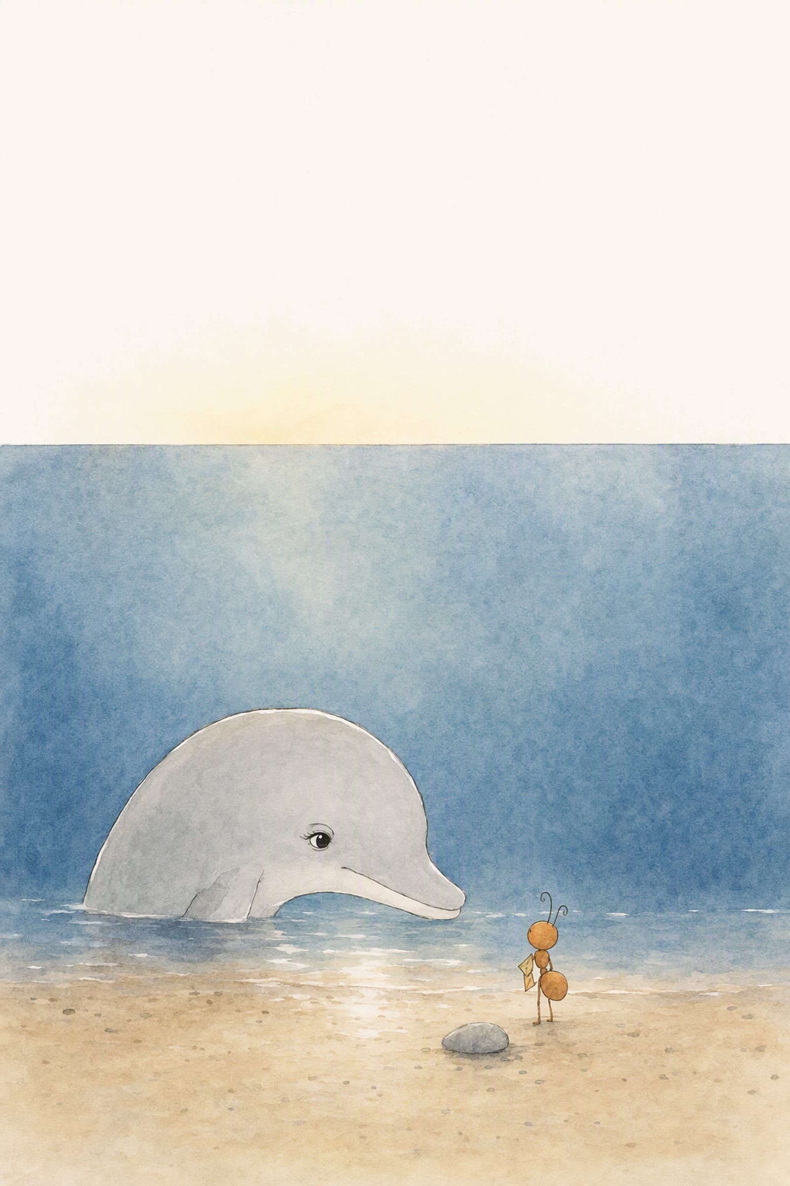 The winter sea stands tall and still while Dawn waits at its foot and Pip faces her from the wet sand, a folded leaf under his arm.